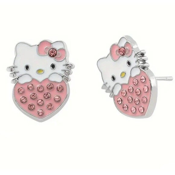 Hello kitty silver Earrings studs with pink gems - Picture 1 of 4